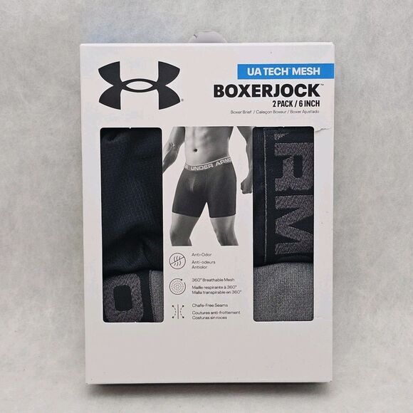 NEW Men's Small Under Armour Tech Mesh 6-inch Boxerjock 2-Pack Black/Gray - Picture 1 of 5